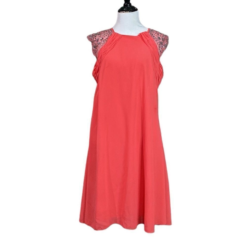 Little Mistress Coral Peach Beaded Short Sleeve Mini Dress